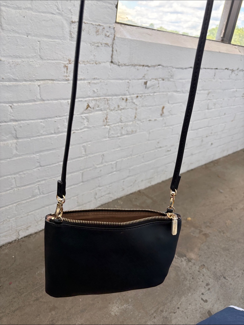 Black Crossbody Wristlet Bag with Gold Hardware